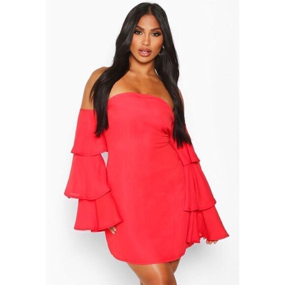 NWT~ Gorgeous Boohoo Red Off Shoulder Ruffle Mini Dress Sz 10 - Picture 1 of 4